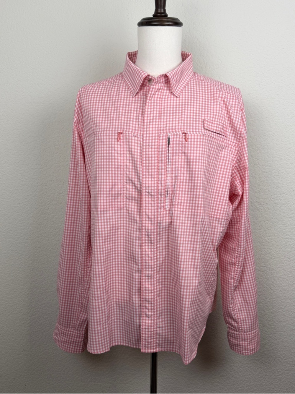 Coolibar sun protection men’s long sleeve button down in pink check | XL